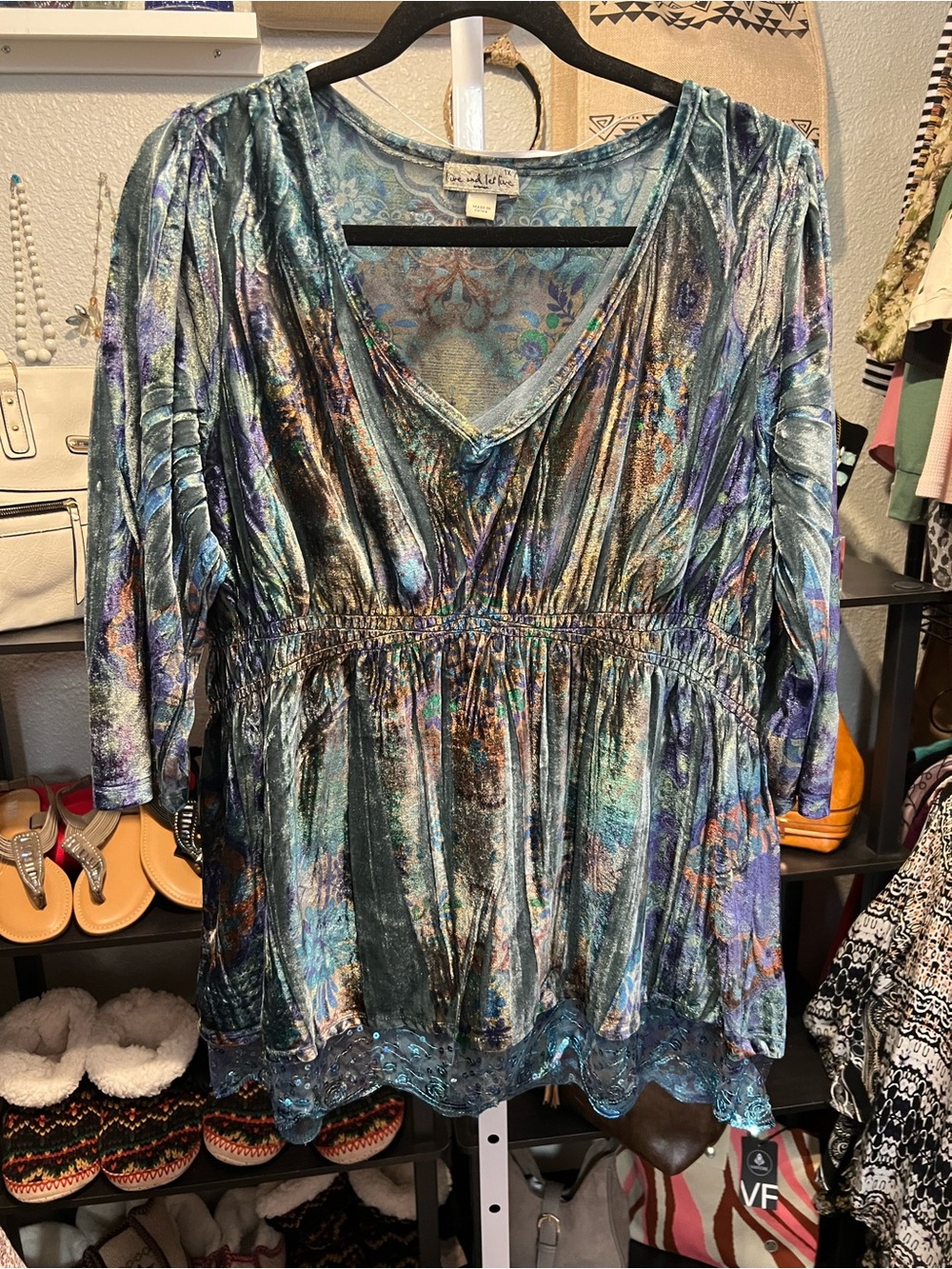 live and let live Teal Multi Velvet V-Neck Tunic